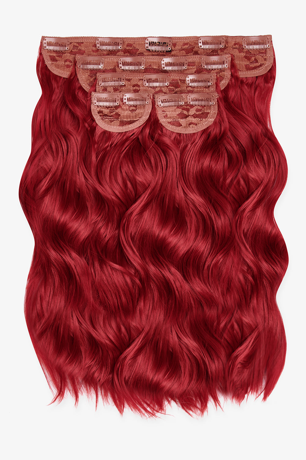 Super Thick 16’’ 5 Piece Brushed Out Wave Clip In Hair Extensions + Hair Care Bundle - Burgundy Ruby Red