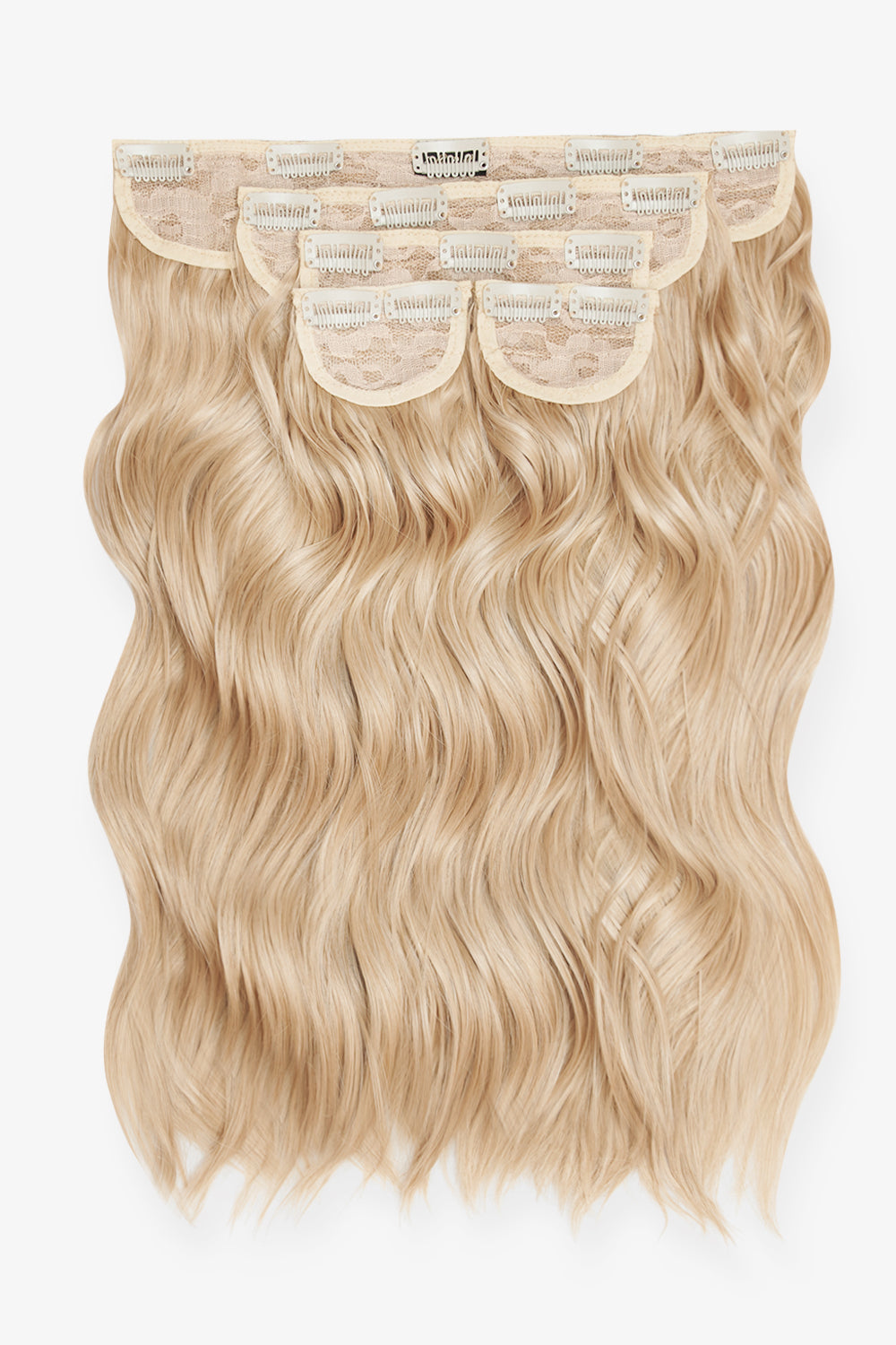 Super Thick 16’’ 5 Piece Brushed Out Wave Clip In Hair Extensions + Hair Care Bundle - Champagne Blonde