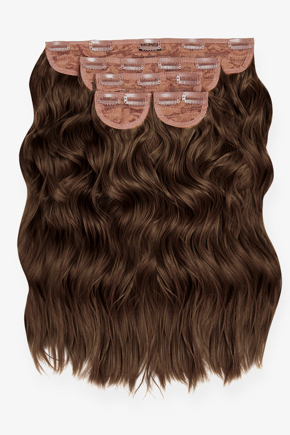 Super Thick 16’’ 5 Piece Brushed Out Wave Clip In Hair Extensions + Hair Care Bundle - Chestnut