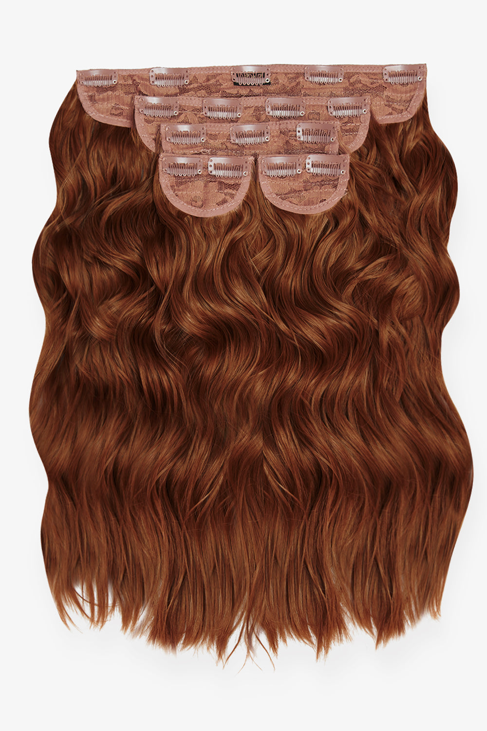 Super Thick 16’’ 5 Piece Brushed Out Wave Clip In Hair Extensions + Hair Care Bundle - Copper Red