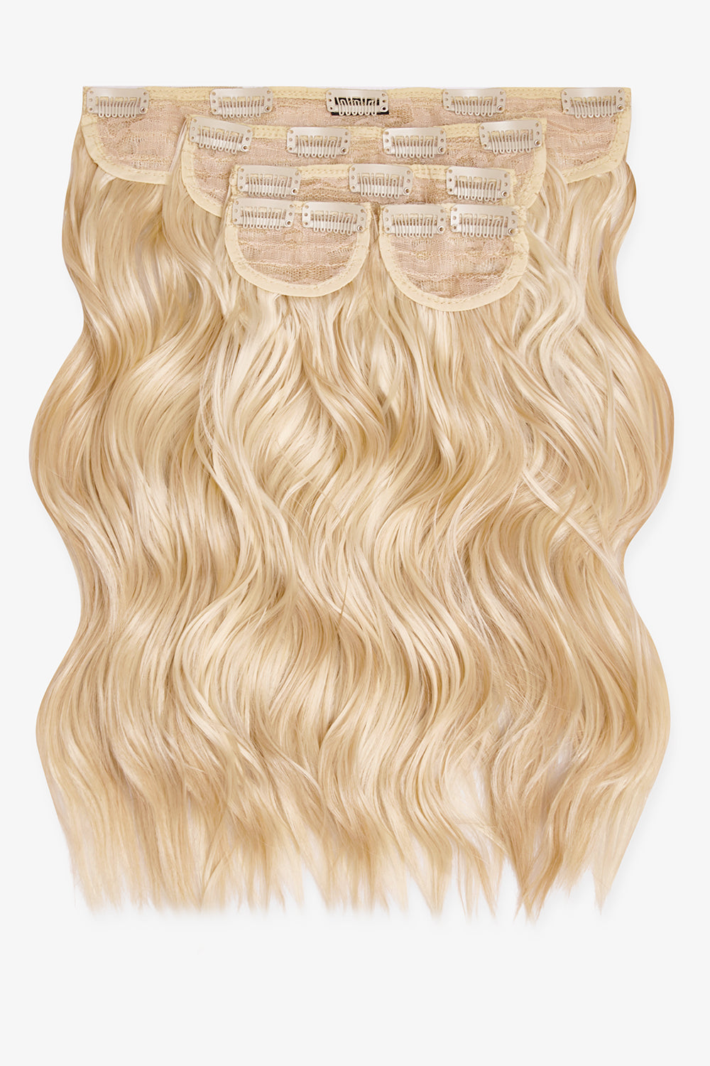 Super Thick 16’’ 5 Piece Brushed Out Wave Clip In Hair Extensions + Hair Care Bundle - Highlighted Champagne