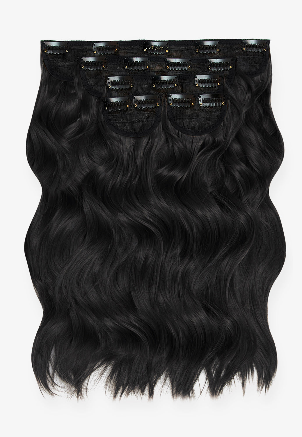 Super Thick 16’’ 5 Piece Brushed Out Wave Clip In Hair Extensions + Hair Care Bundle - Natural Black