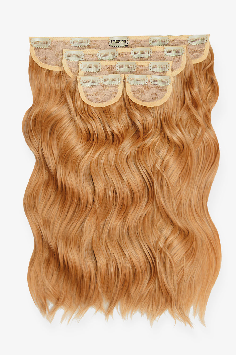 Super Thick 16’’ 5 Piece Brushed Out Wave Clip In Hair Extensions + Hair Care Bundle - Strawberry Blonde