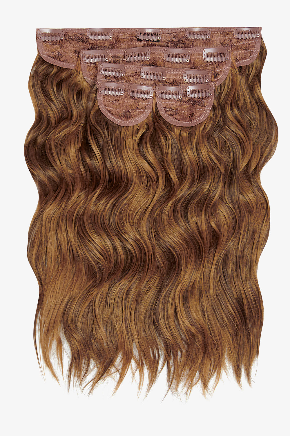 Super Thick 16’’ 5 Piece Brushed Out Wave Clip In Hair Extensions + Hair Care Bundle - Toffee Brown