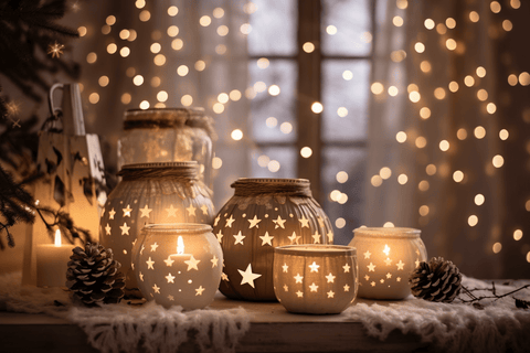 Tassen und dekorative Lichter für Weihnachten