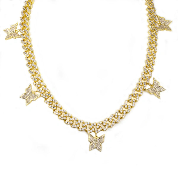 10mm Iced Cuban Link Bracelet Necklace with Butterfly White Gold Diamond