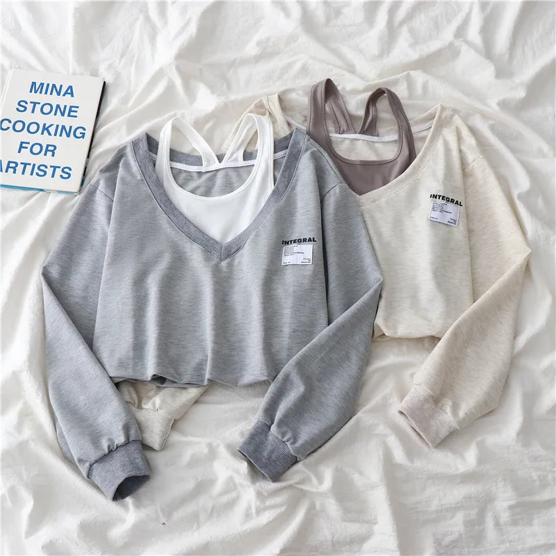 Fake Two Pieces Strapless Crop Sweatshirt