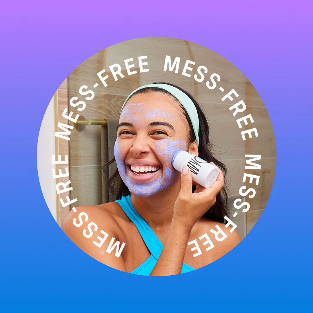 Smiling woman applying facial product with a handheld device, overlaid with 'MESS-FREE' text circles.