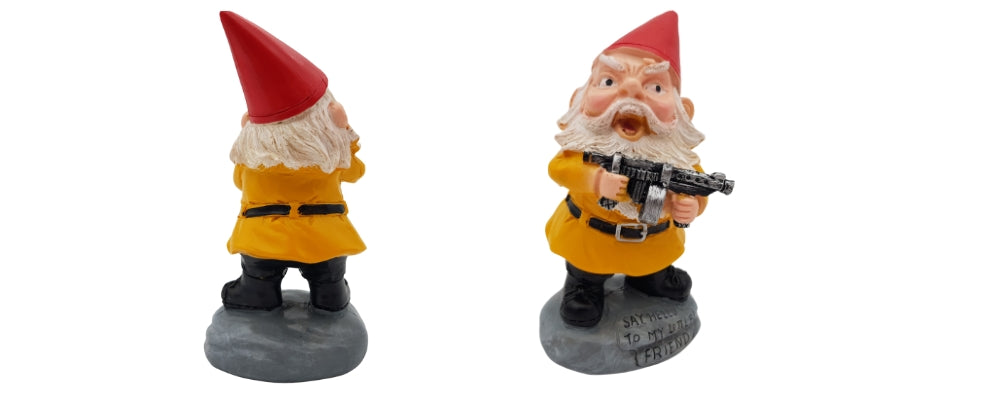 Machine gun garden gnome as a funny gift for home and garden.