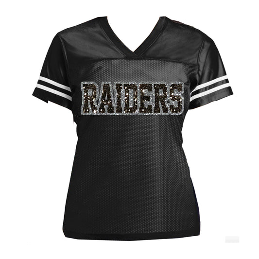 Sparkles Apparel White or Black and Silver Glitter Raiders Women’s Jersey Shirt 2XL / Black