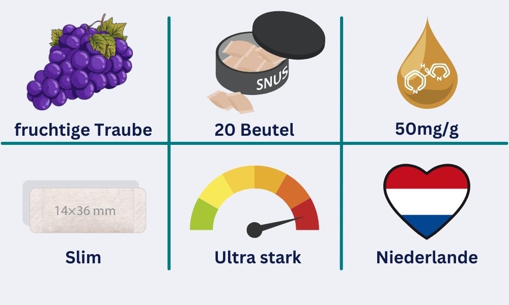 Steckbrief Iceberg Grape Slim: fruchtiger Traubengeschmack, 20 Beutel pro Dose, 50mg/g Nikotingehalt aus den Niederlanden