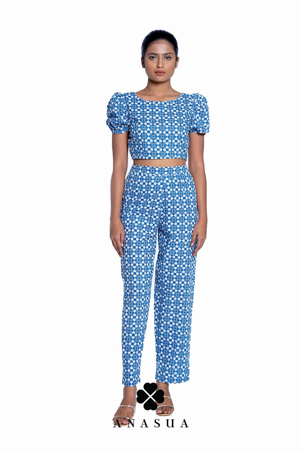 Royal Blue Motif Puff Sleeve Crop Top  Pant CoOrd Set