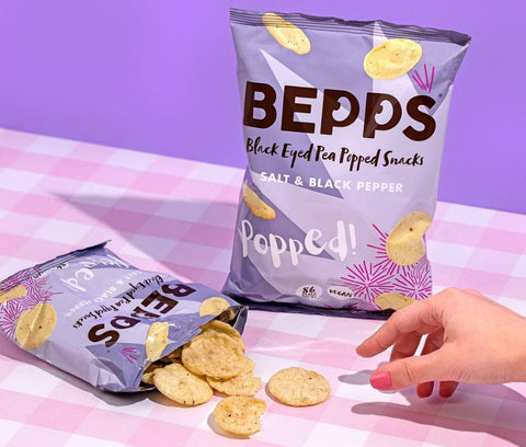 BEPPS Snacks Black Eyed Pea Popped Snacks taken in purple background, corporate gift boxes, office gift boxes, corporate snack box, office snack box, pantry snack, healthy snacks, gift box, snack box, delivery, pantry snacks, singapore, office gifting, office snacks