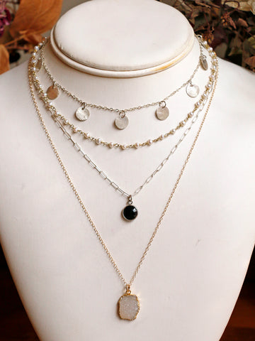 4 layered mixed metal necklace - a silver coin choker, gold beaded pearl necklace, round silver black quartz charm and a gold  square grey druzy charm necklace