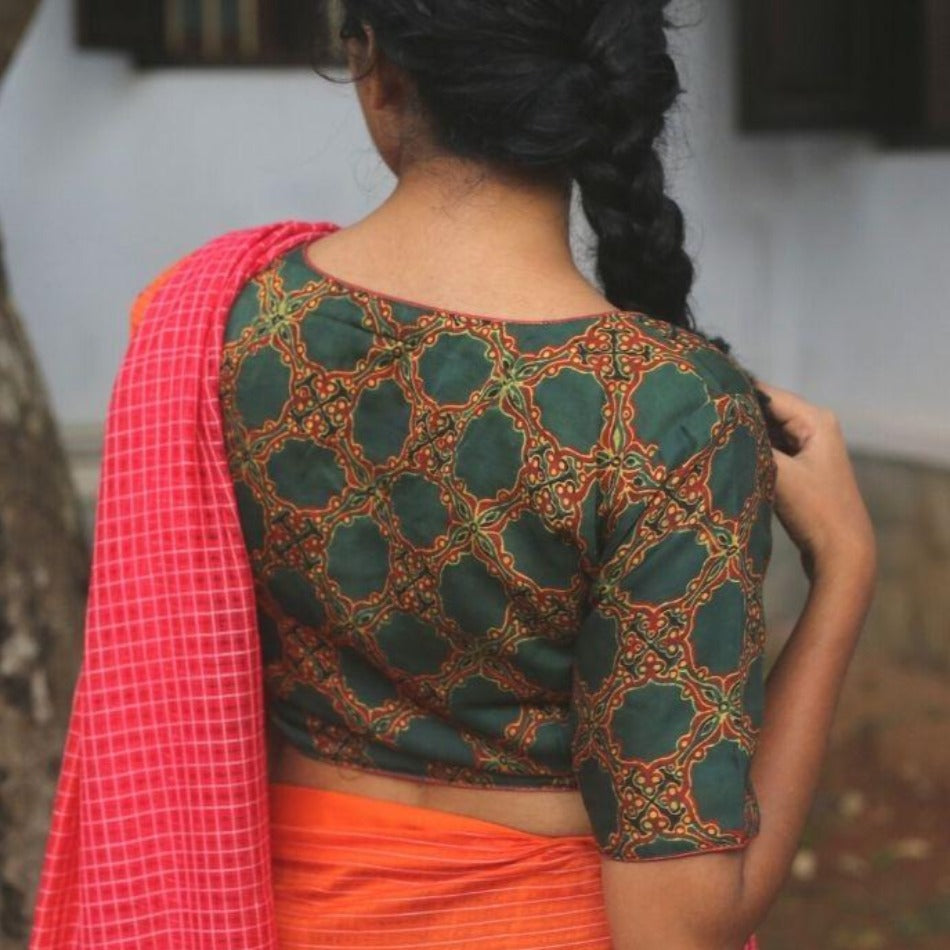 Green High neck Ajrakh Modal Silk Readymade Blouse - Desically Ethnic