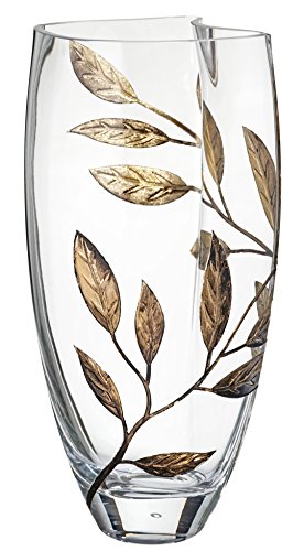 Large Hand Blown Glass Vase 30 cm - Etched & Painted Gold Leaves Decor -  Almond Shape Vase Gold - 11.8 in