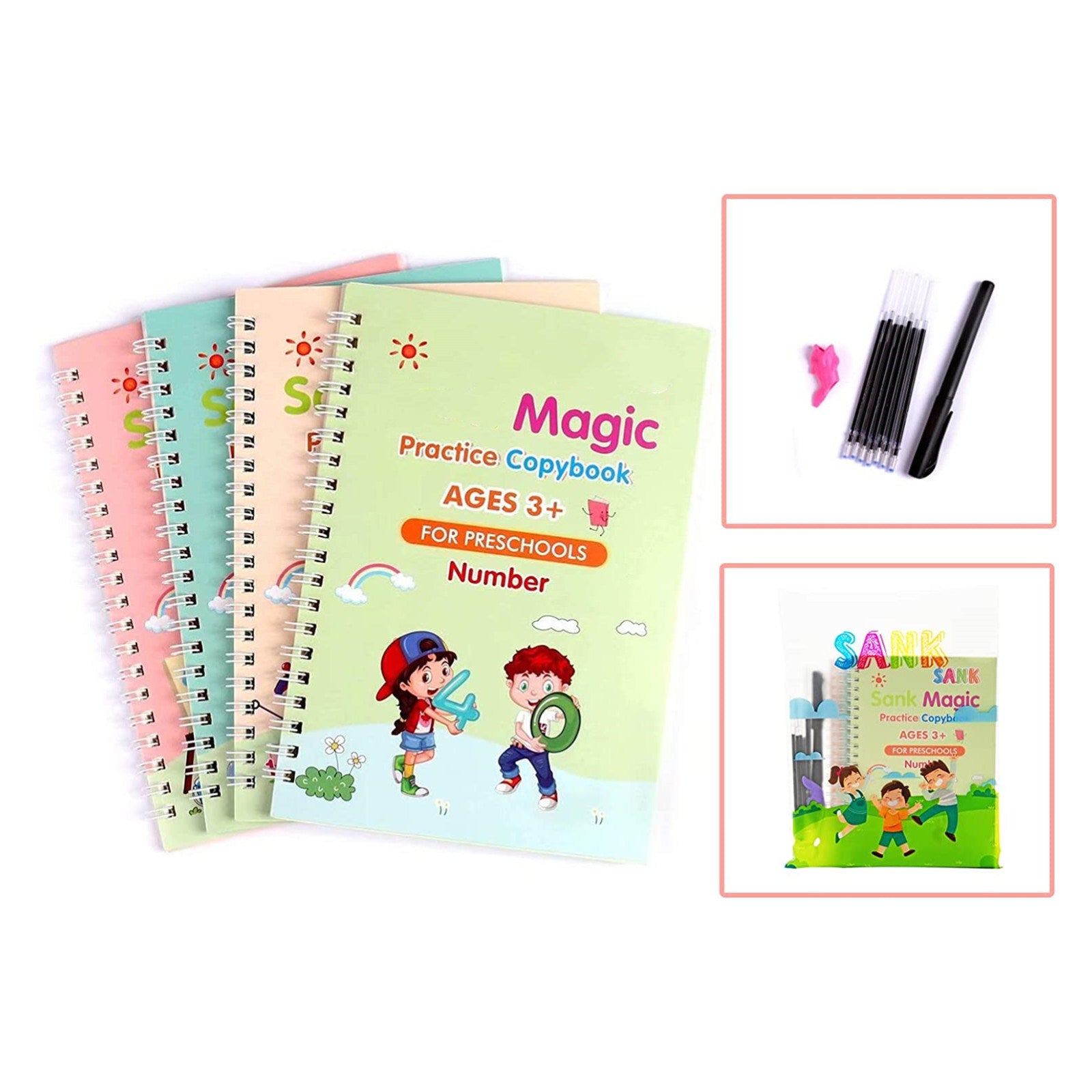 Reusable Practice Copybook Print Handwiriting Workbook Reusable Writing Practice Book; 4 Books With Pen