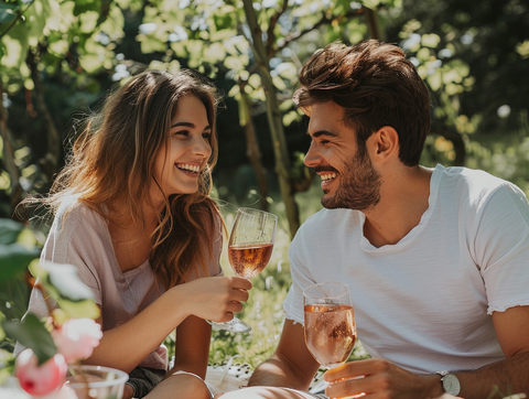 Ein Paar sitzt auf einer Picknickdecke und trinkt gemeinsam Roséwein.