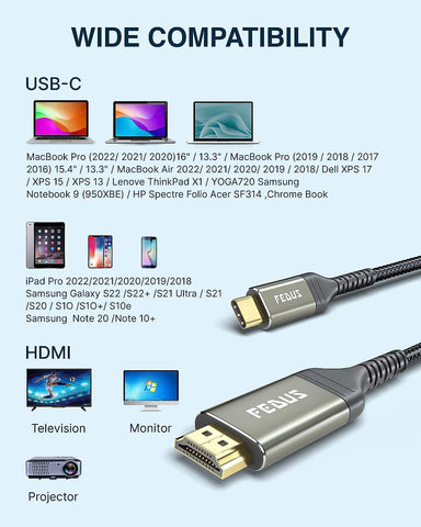 FEDUS USB C To HDMI Cable, 4K@60Hz Type-C To HDMI Adaptor For Home Office And MAC Thunderbolt