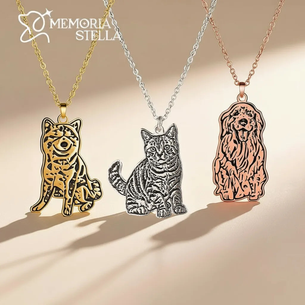 Custom pet portrait necklace — dog/cat silhouette outline pendant in gold, silver, rose gold