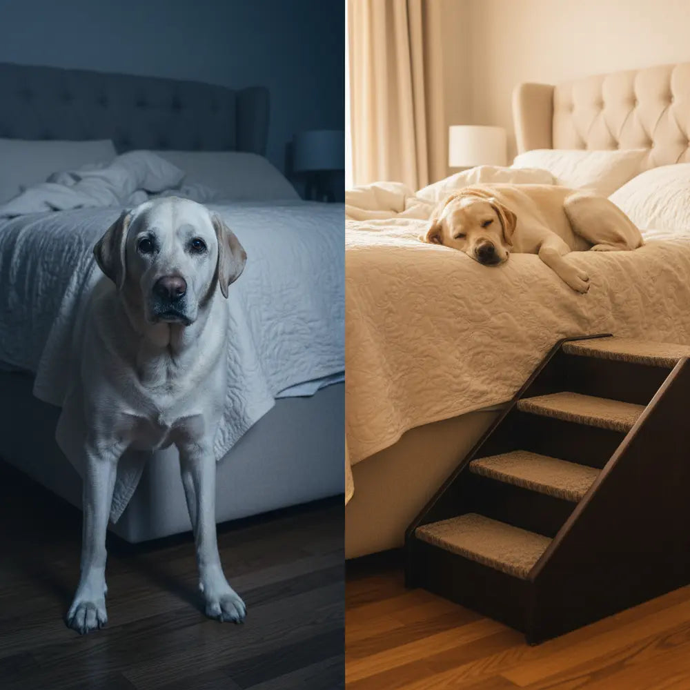 Dog comfortably relaxing on a couch near dog stairs
