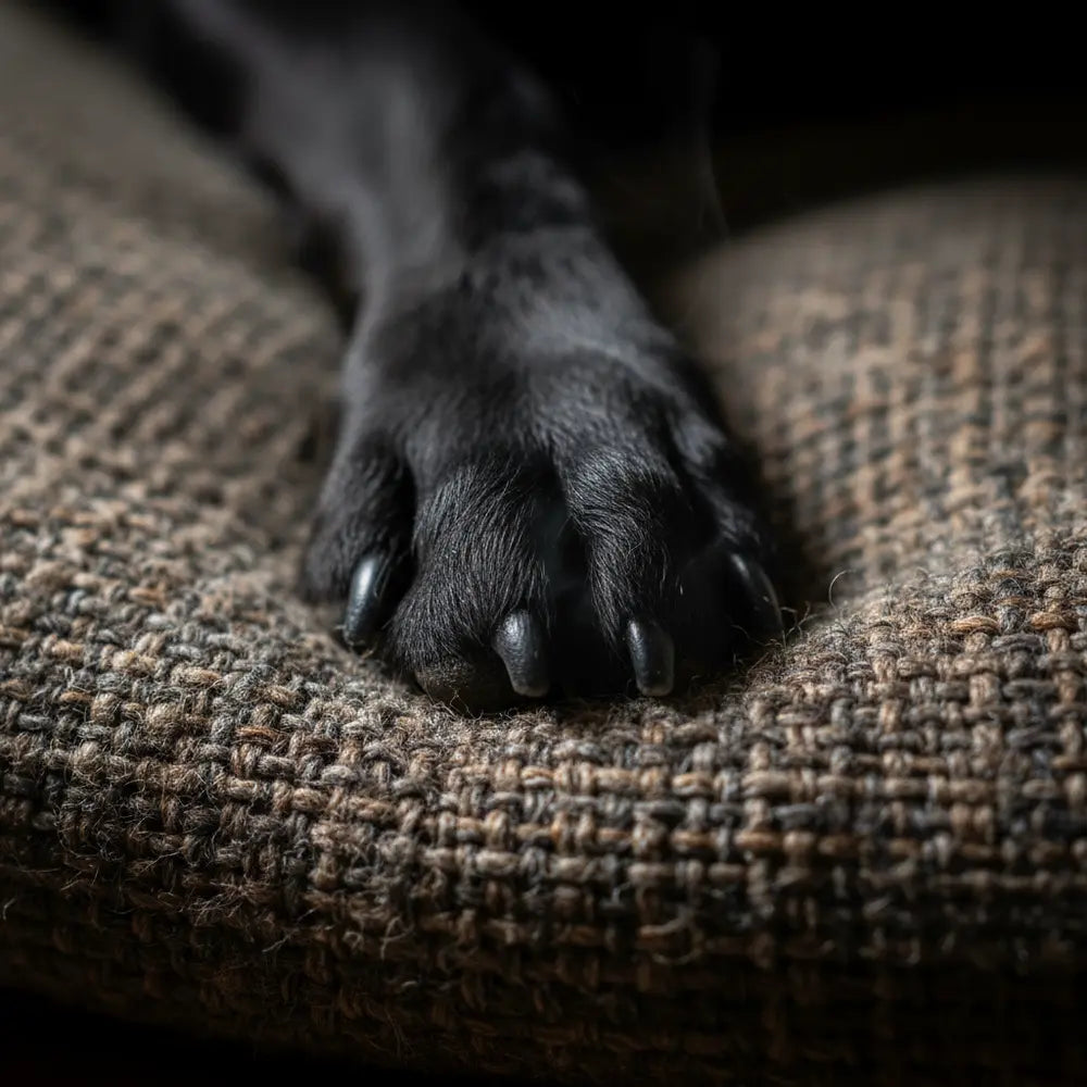 Dog sniffing its bed after scratching to mark it.