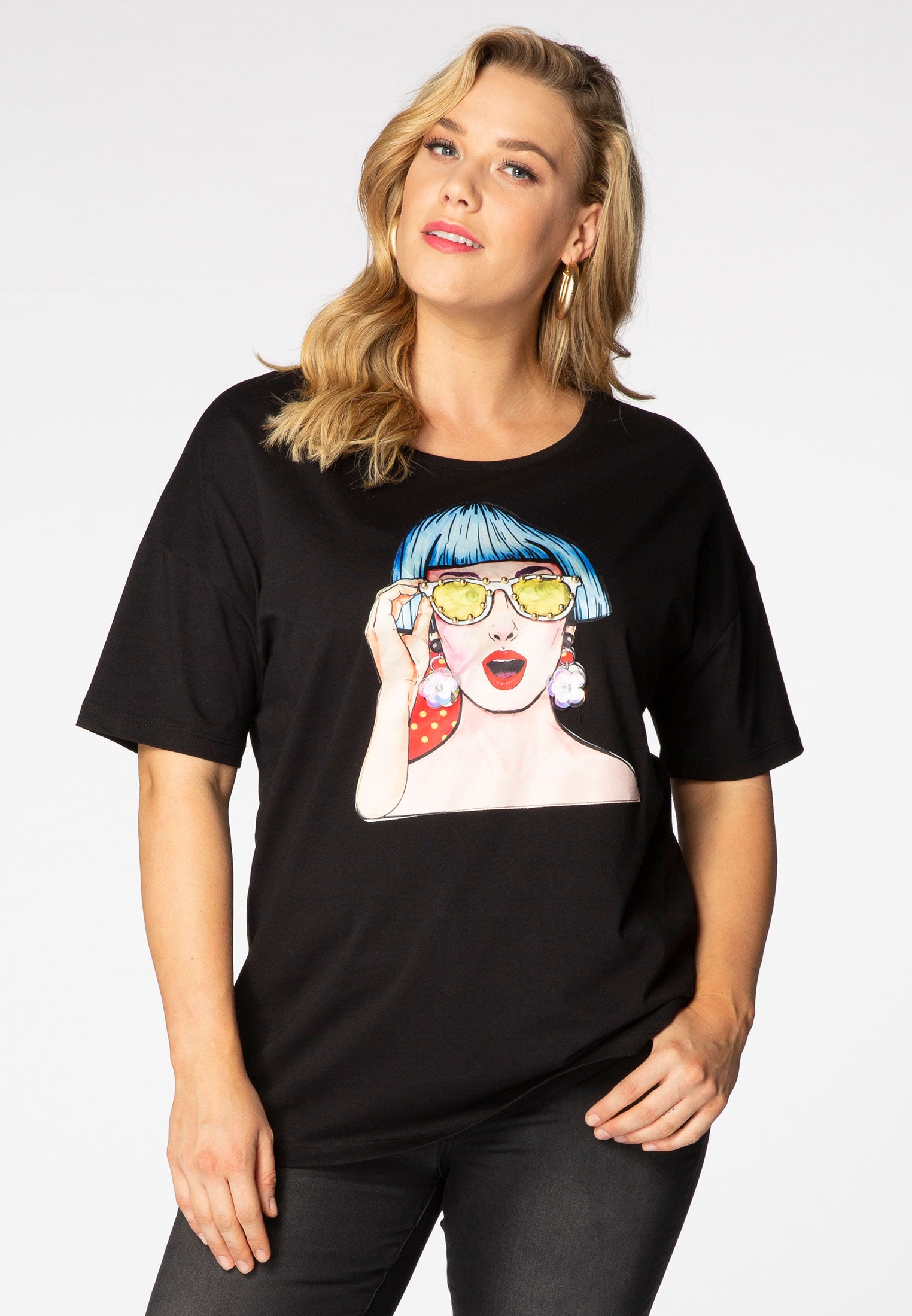 Yoek Wijd T-Shirt POP ART | Zwart | Maat 38/40