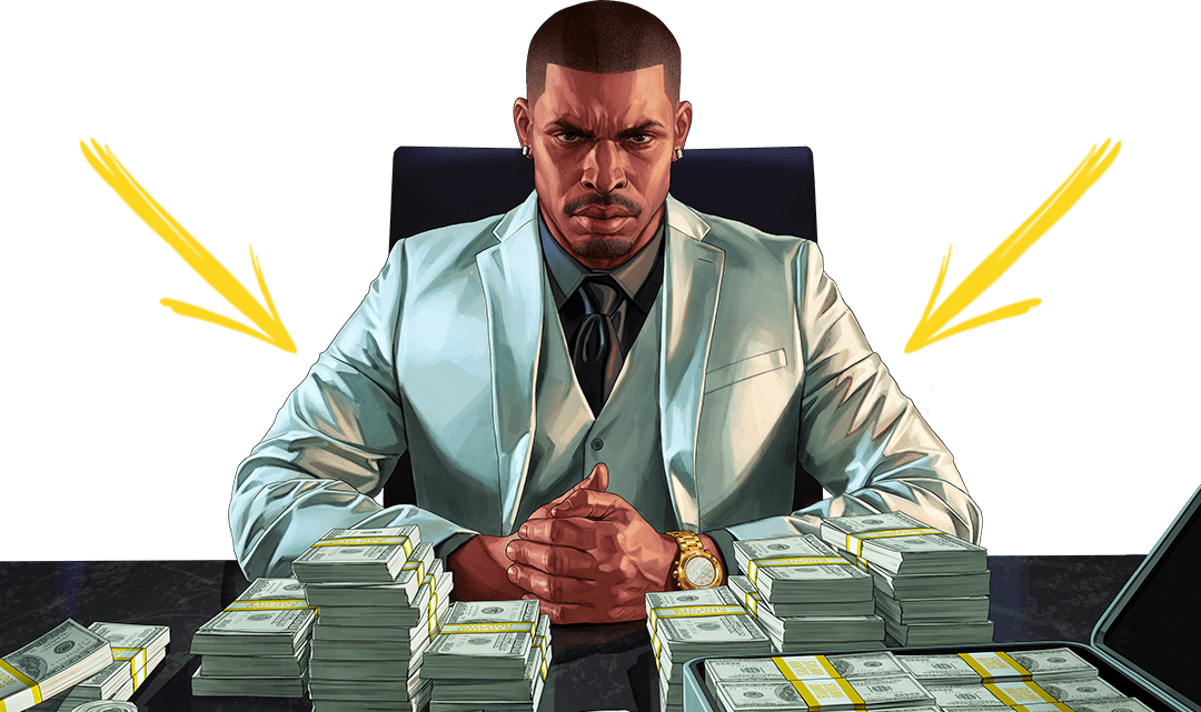 Animated man in a suit sitting at a desk with stacks of cash.