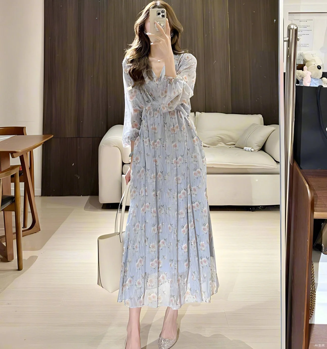 Floral Long Dress With Waist Tie And Swing Silhouette For Spring Outfits Casual