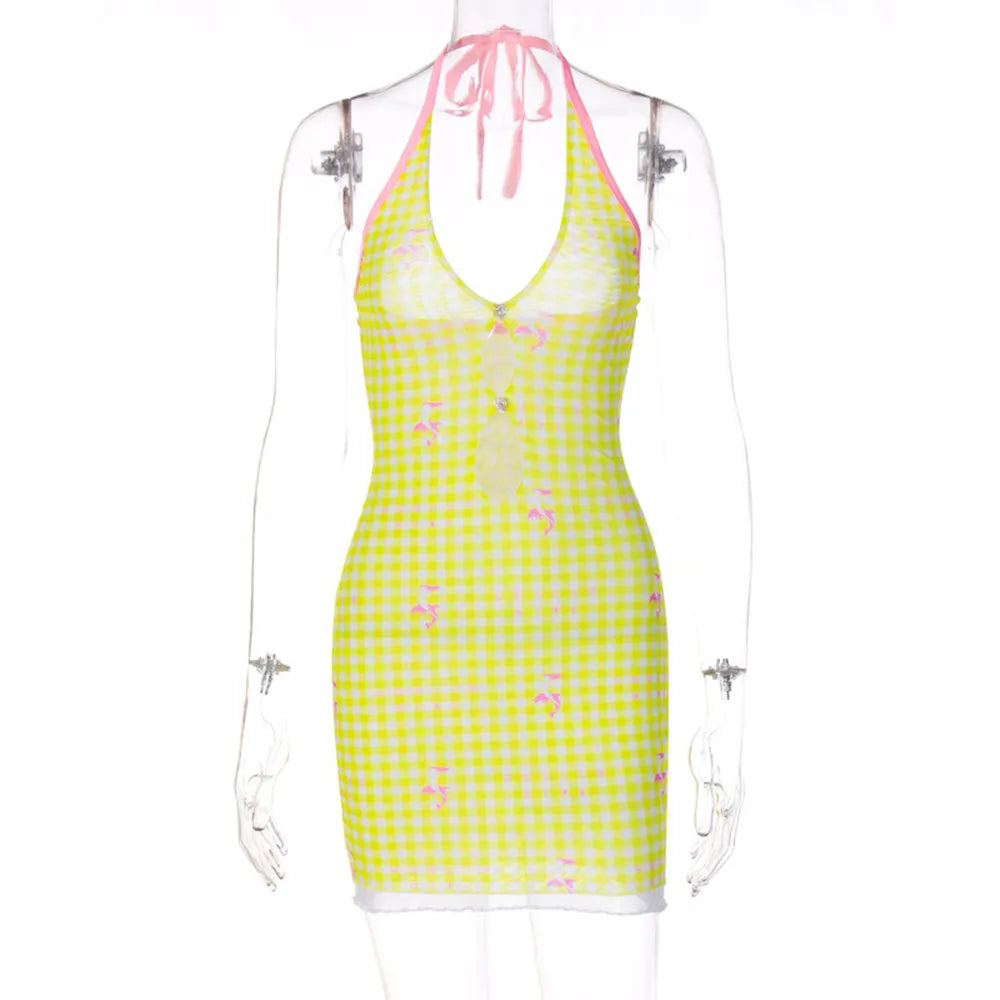 Yellow Plaid Print Lace-Up Halter Neck Backless Mini Dress - Image 3