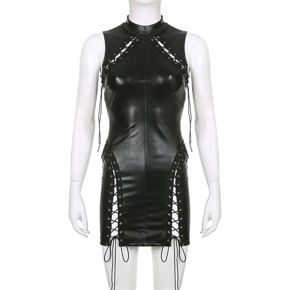 Black PU leather sleeveless dress with standing neck lace-up. - Image 5