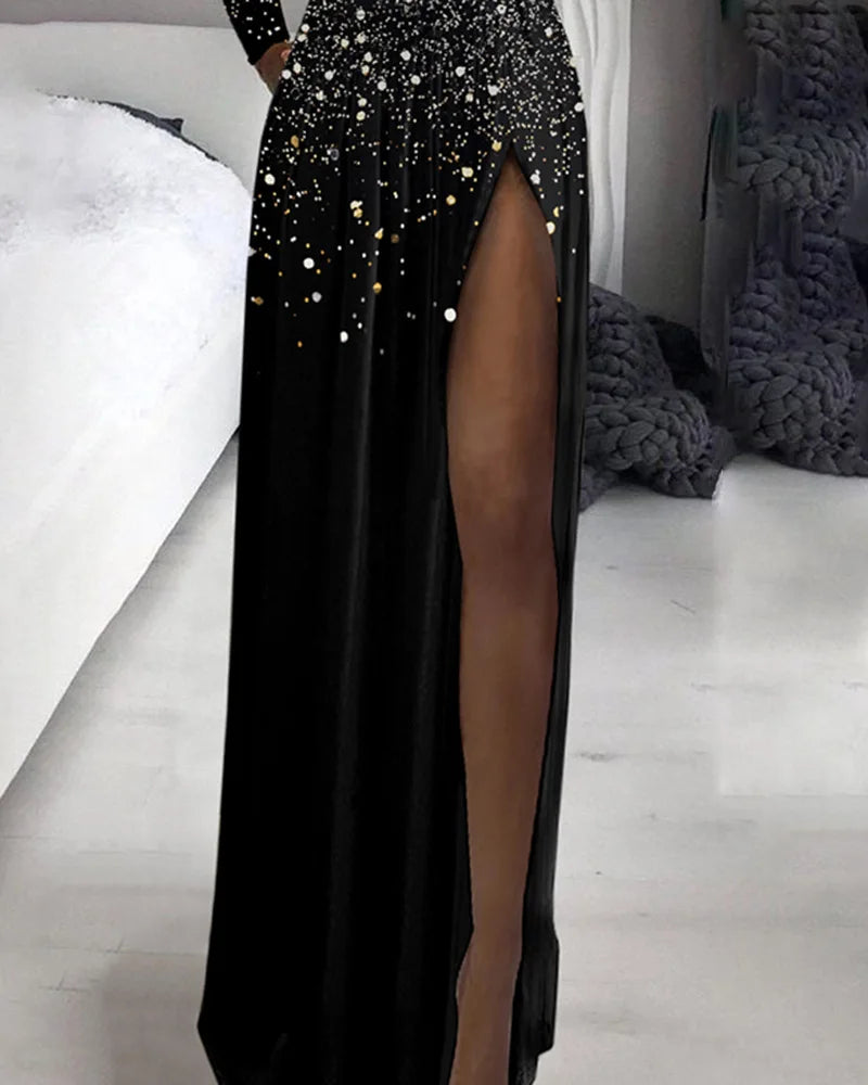 Shiny Gold Long Sleeve Turtleneck Patchwork Evening Party Dress - Image 3
