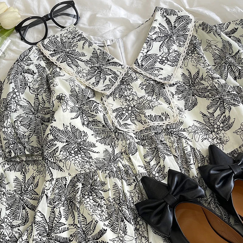 Coconut tree print puff sleeve doll dress in retro style. - Image 2