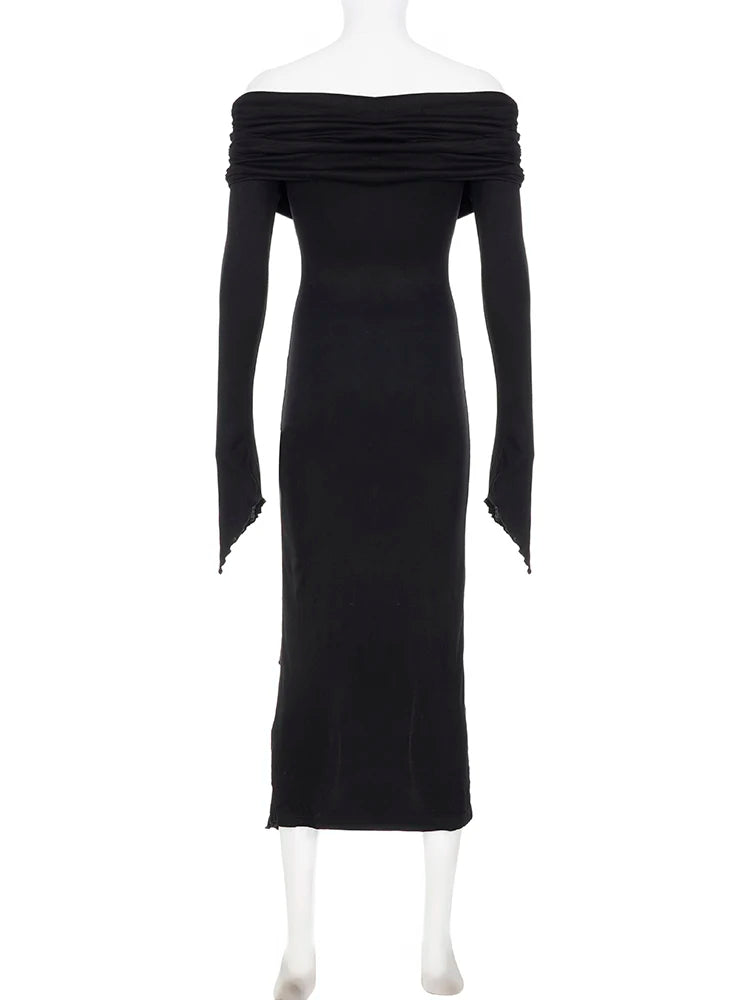 Dark Ruffles Gothic Split Maxi Dress with Slash Neck - Image 7