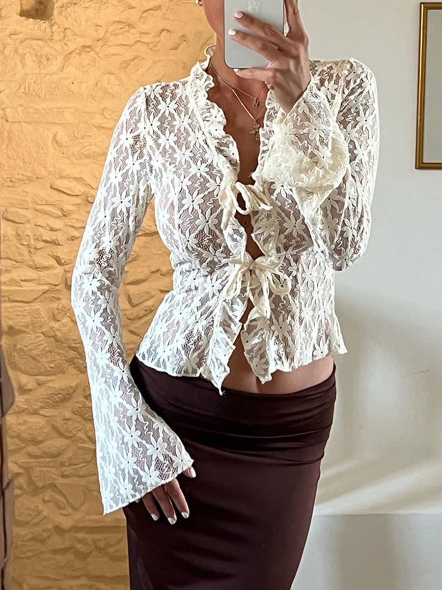 Floral Long Sleeve Tie Front Sheer Crop Cardigan for Women - Image 2
