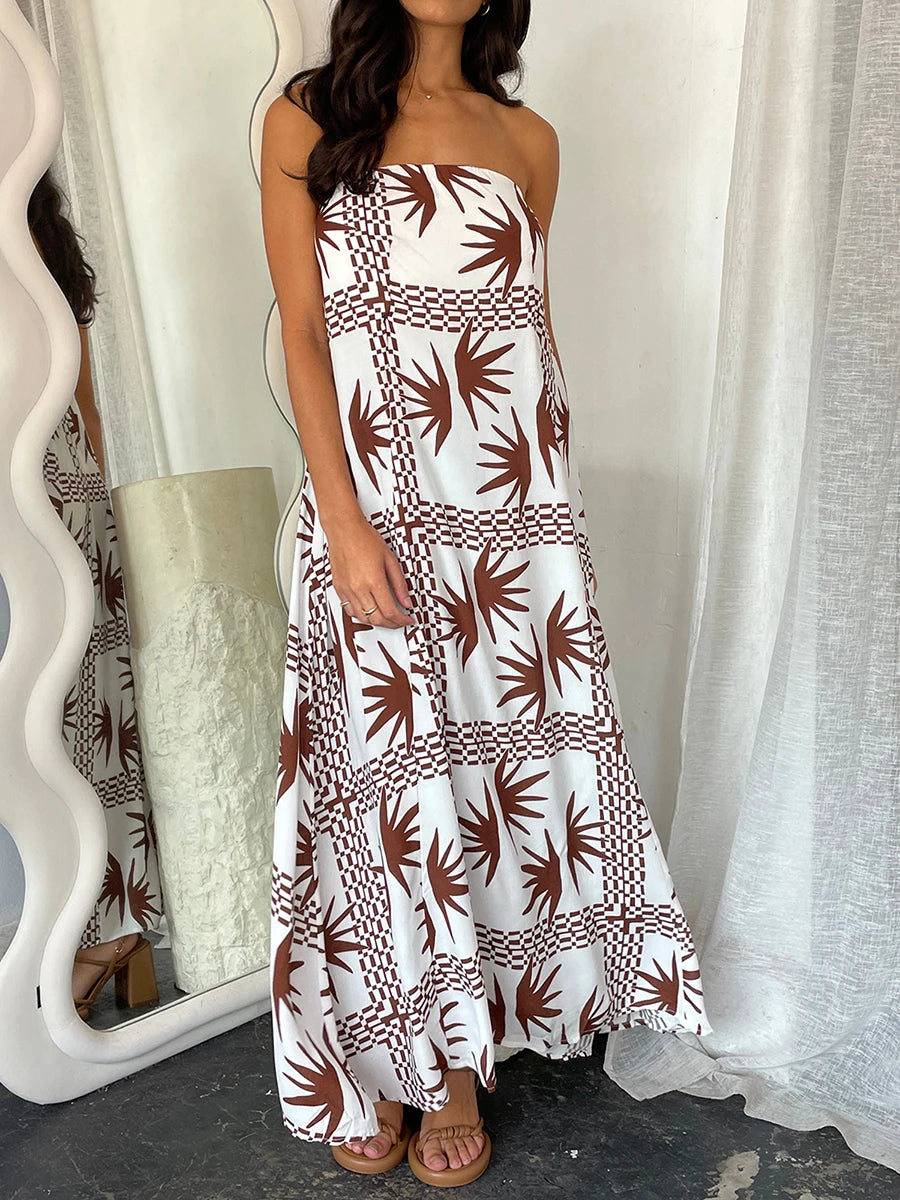 Women's Boho Floral Print Strapless Maxi Dress Beach Summer Fashion - Image 2