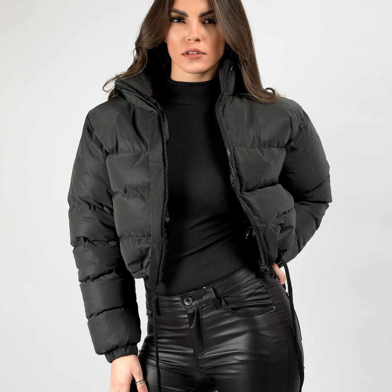 Women's Winter Cropped Puffer Jacket Stand Collar Quilted Outwear - Image 2