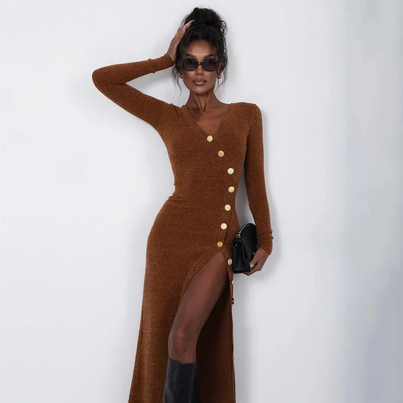 Solid Color V Neck Long Sleeve Slim Fit Party Dress - Image 2