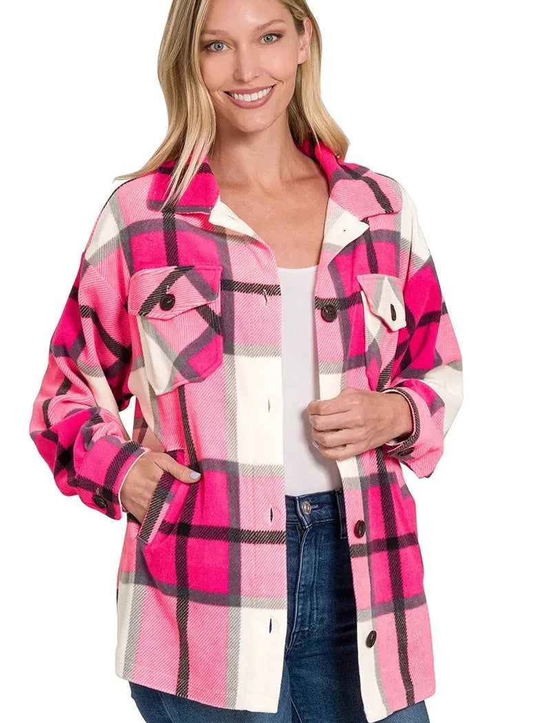 Zenana Oversized Plaid Fleece Shacket
