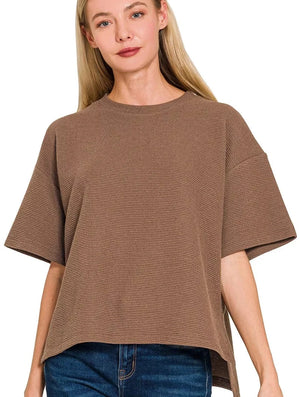 Zenana Full Size Double Knit Side Slits Hi Low Short Sleeve Top Plus Size - Blush 809