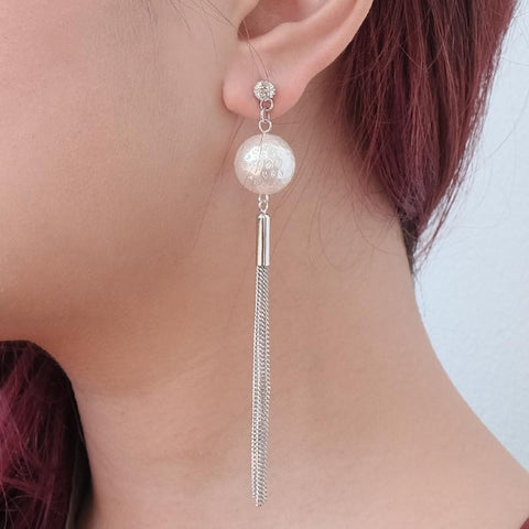 Eternal Sparkles Pearl BonBon Long Silver Tassel Statement Earrings 