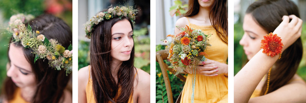 brown hair girl in an orange dress with a flower crown and a flowe bouquet