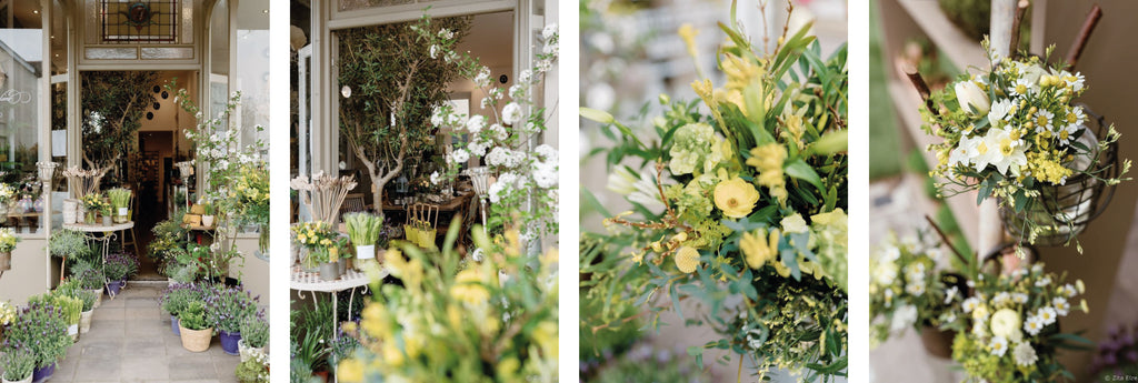 flower show with white, yellow and lavander flower bouquets