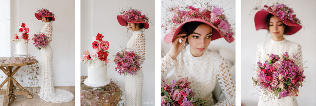 Woman in a white wedding dress holding a pink flowers bouquet with a pink hat