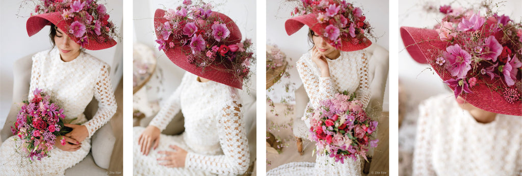 Zoom in of a woman wearing a pink hat decorated with fresh flowers