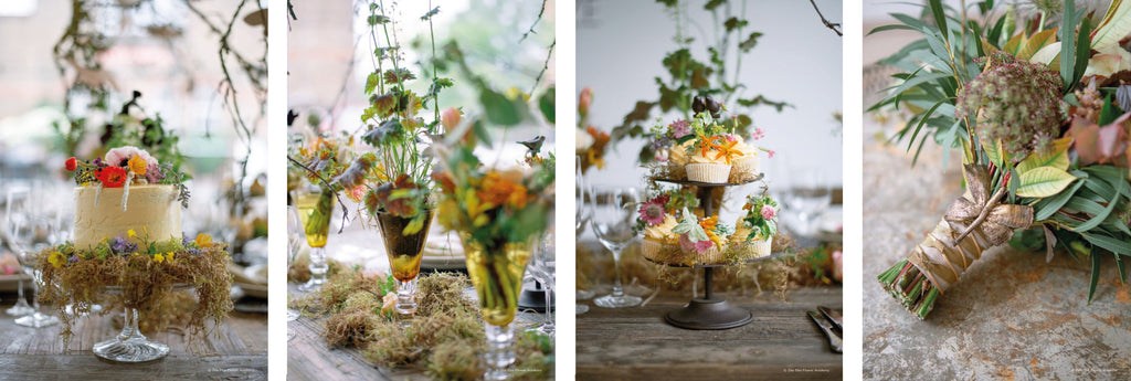 cake and cupcakes decorated with flowers on a wooden tabel