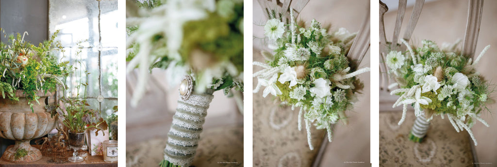details of a green and white flower bouquet