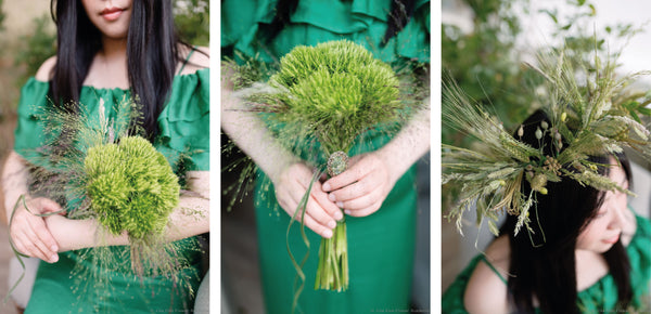 woman in an emerald dress with a green bouquet from different angles