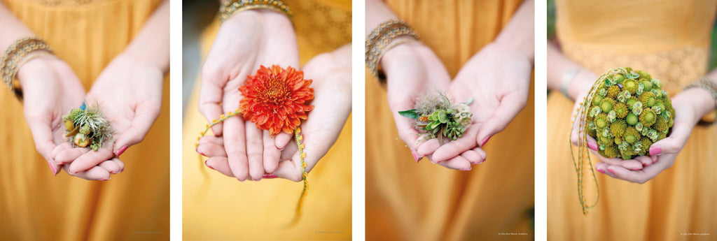 four images of a girl hands holding different flowers