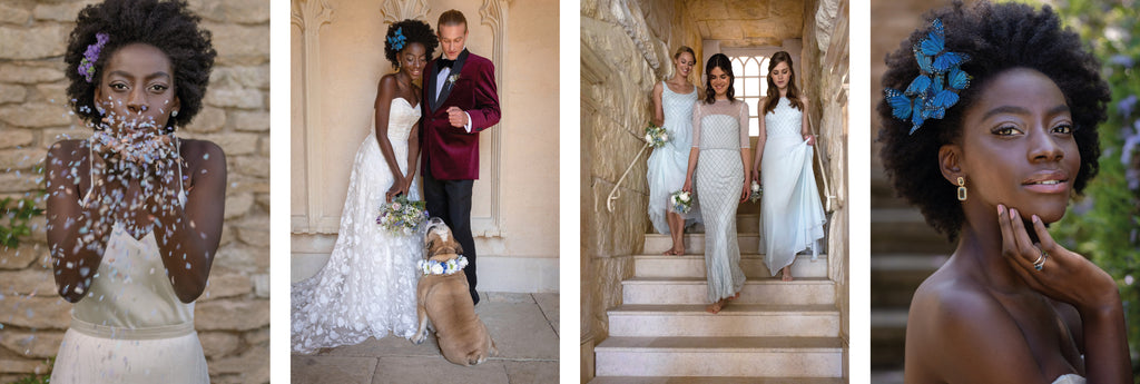 black woman in wedding dress with blue butterflies in the hair